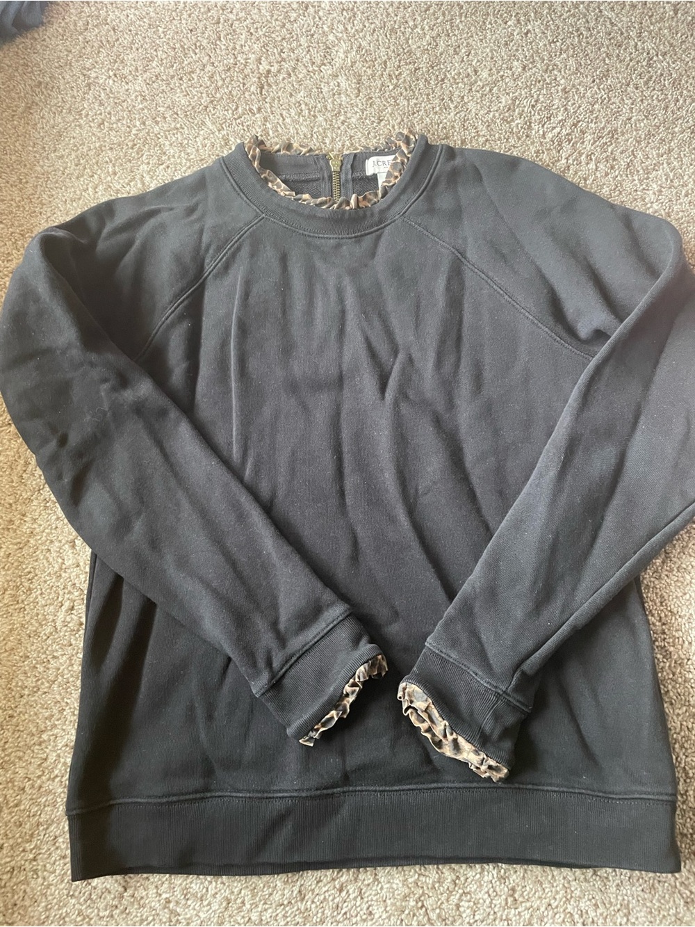 Black Crewneck Sweatshirt with Leopard Print Ruffle Trim j crew size small